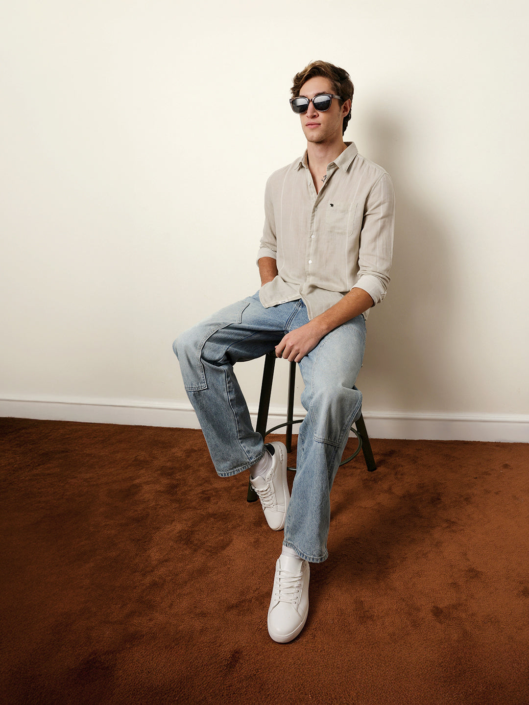 Light Green Vertical Woven Stripe Slim Fit Casual Shirt