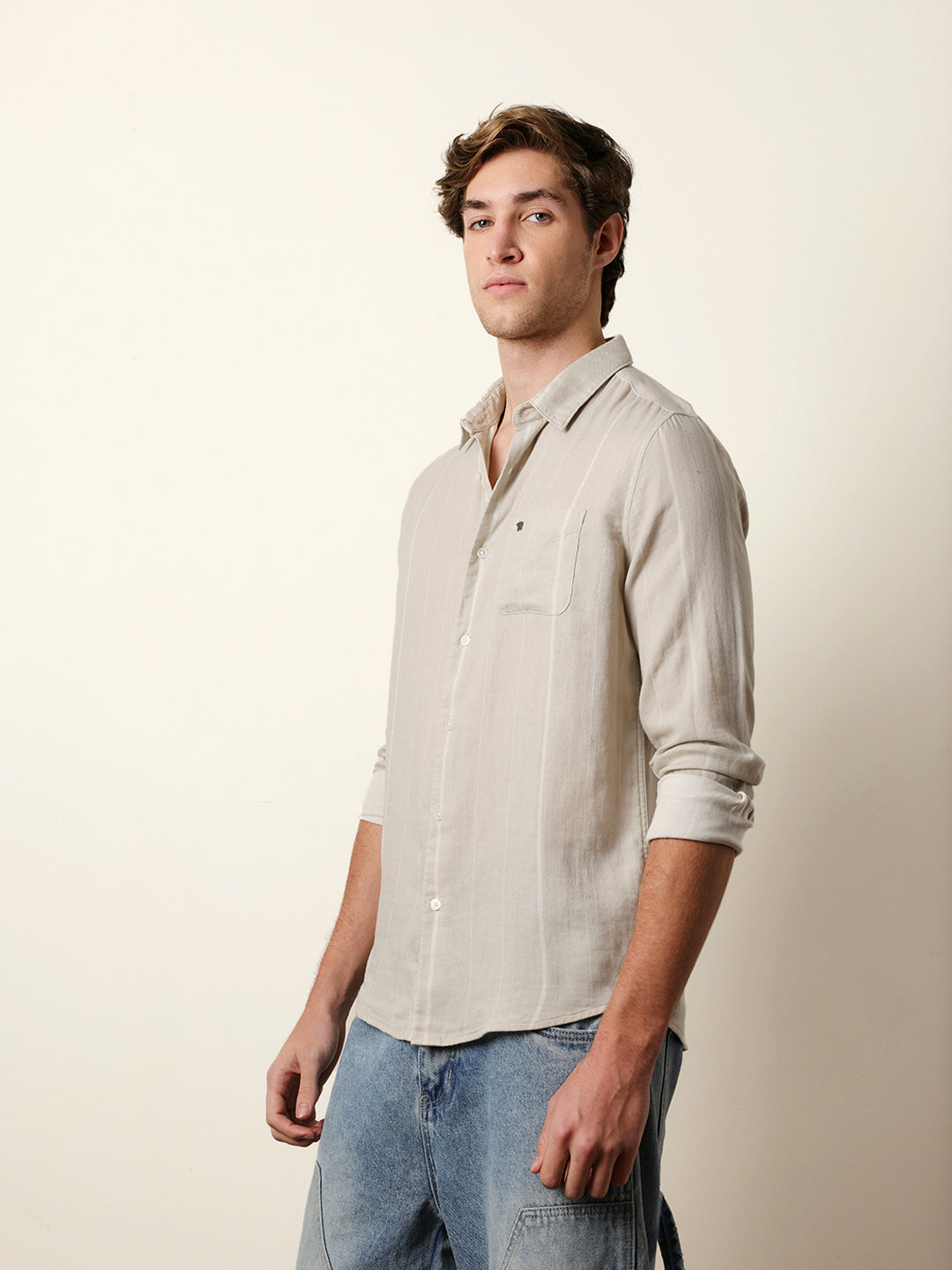Light Green Vertical Woven Stripe Slim Fit Casual Shirt