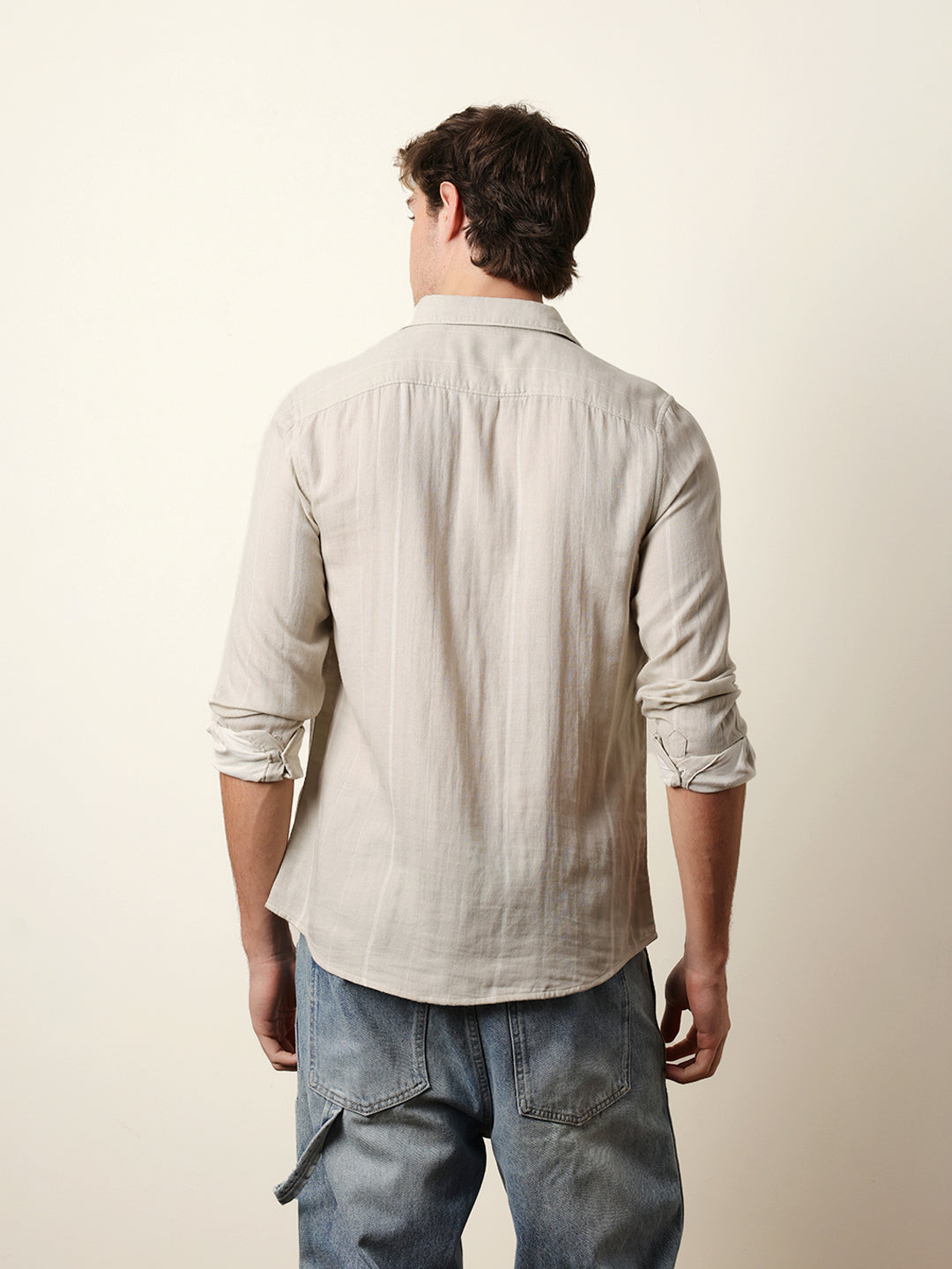 Light Green Vertical Woven Stripe Slim Fit Casual Shirt