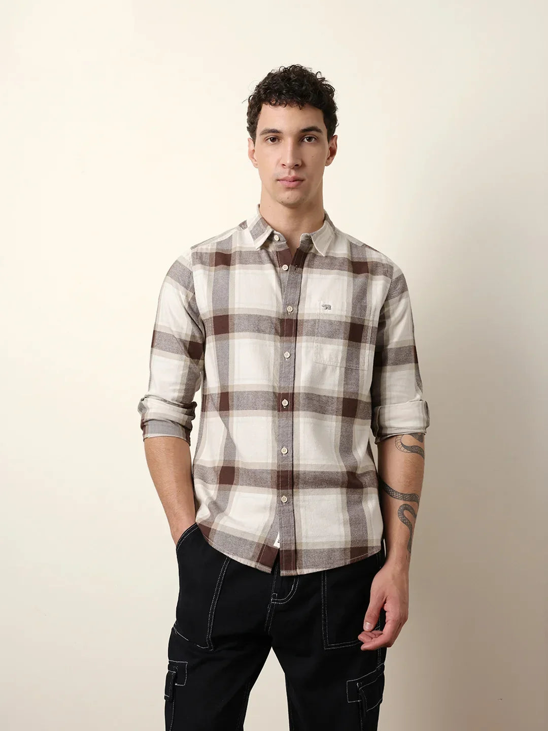 Men's Premium Brown & Cream Checked Cotton Casual Shirt