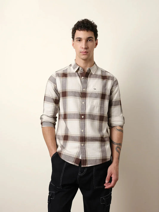 Men's Premium Brown & Cream Checked Cotton Casual Shirt