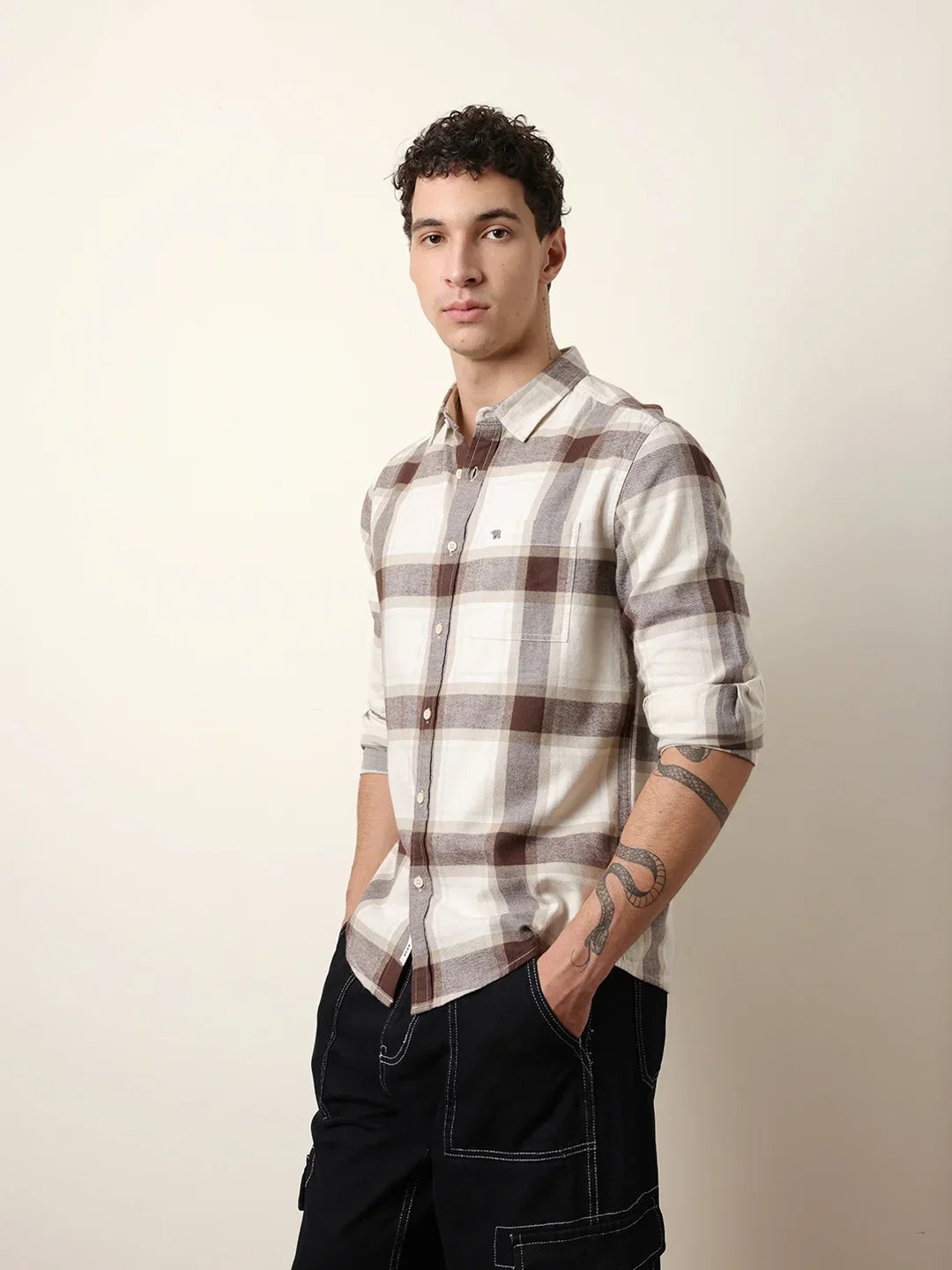Men's Premium Brown & Cream Checked Cotton Casual Shirt