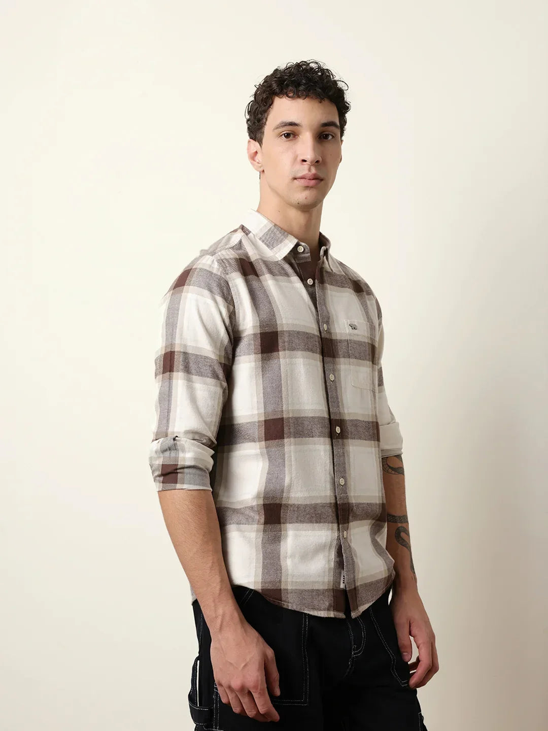 Men's Premium Brown & Cream Checked Cotton Casual Shirt
