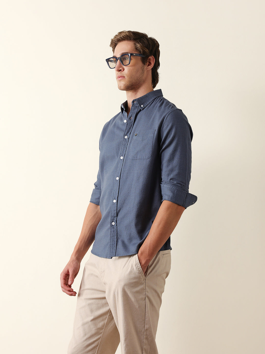 Blue Solid Slim Fit Cotton Casual Shirt