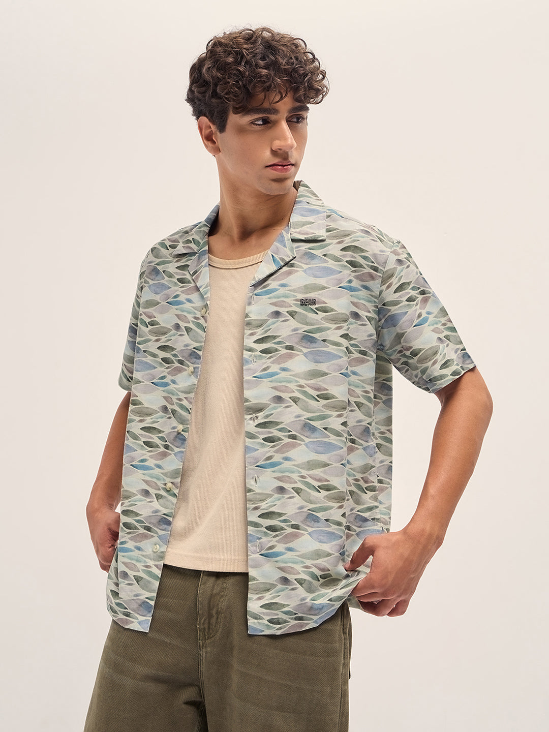Multicolor Relaxed Fit Cuban Collar Shirt with Leaf Motif Print
