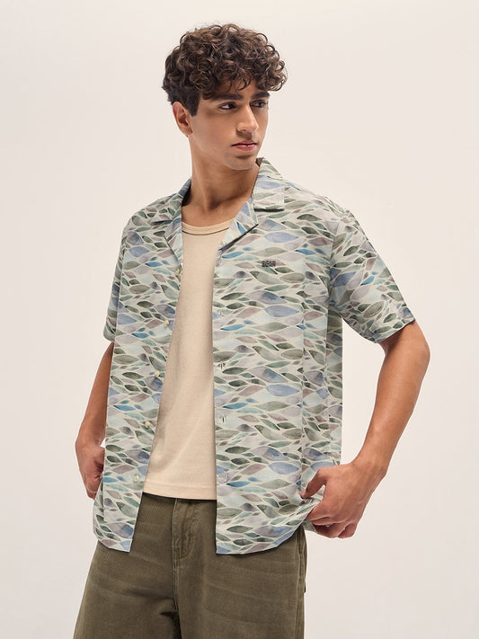 Multicolor Relaxed Fit Cuban Collar Shirt with Leaf Motif Print