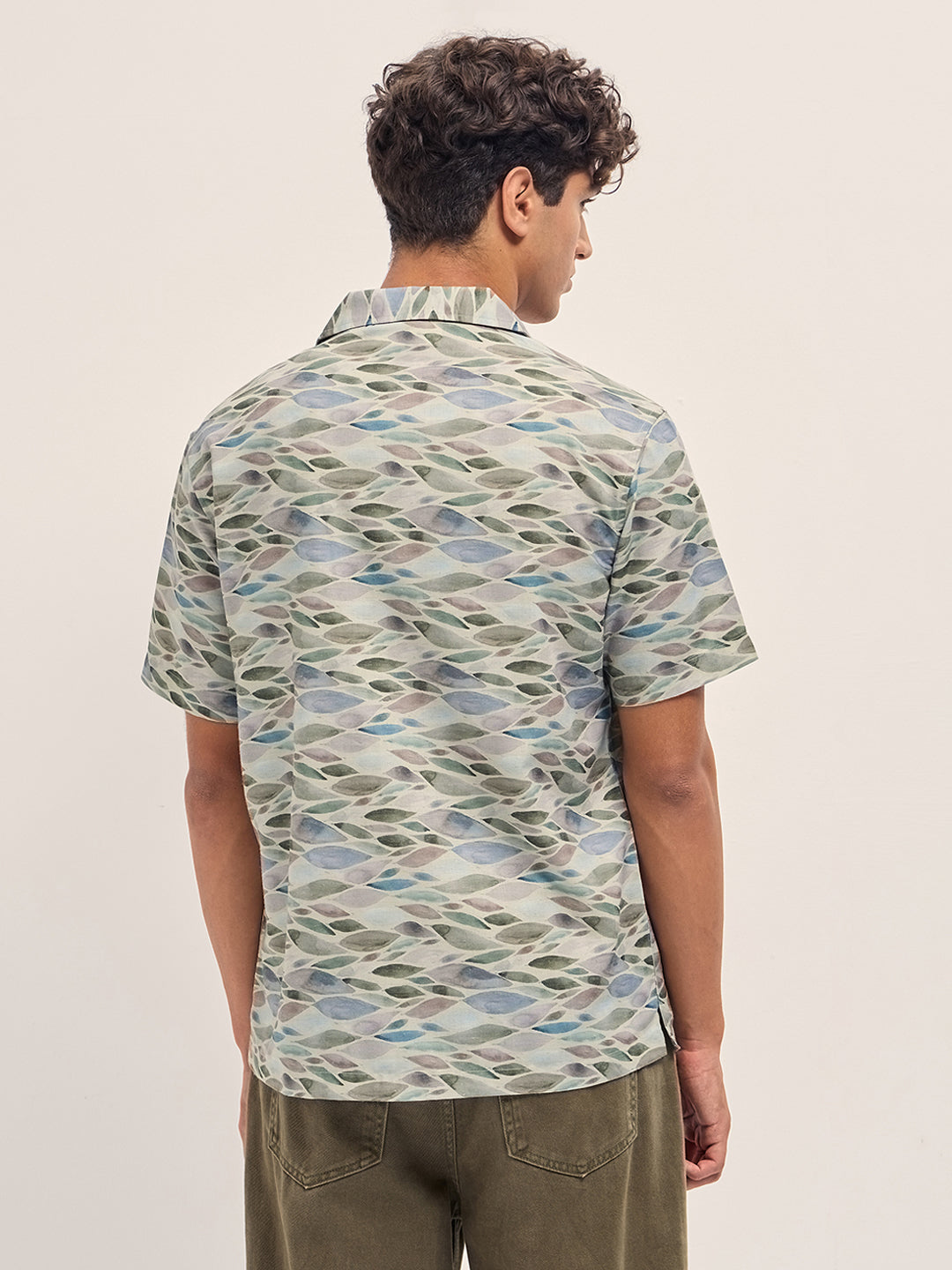 Multicolor Relaxed Fit Cuban Collar Shirt with Leaf Motif Print