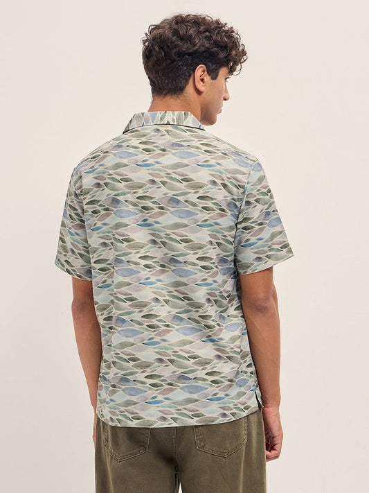 Multicolor Relaxed Fit Cuban Collar Shirt with Leaf Motif Print