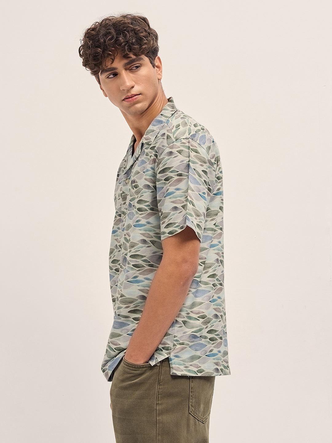 Multicolor Relaxed Fit Cuban Collar Shirt with Leaf Motif Print