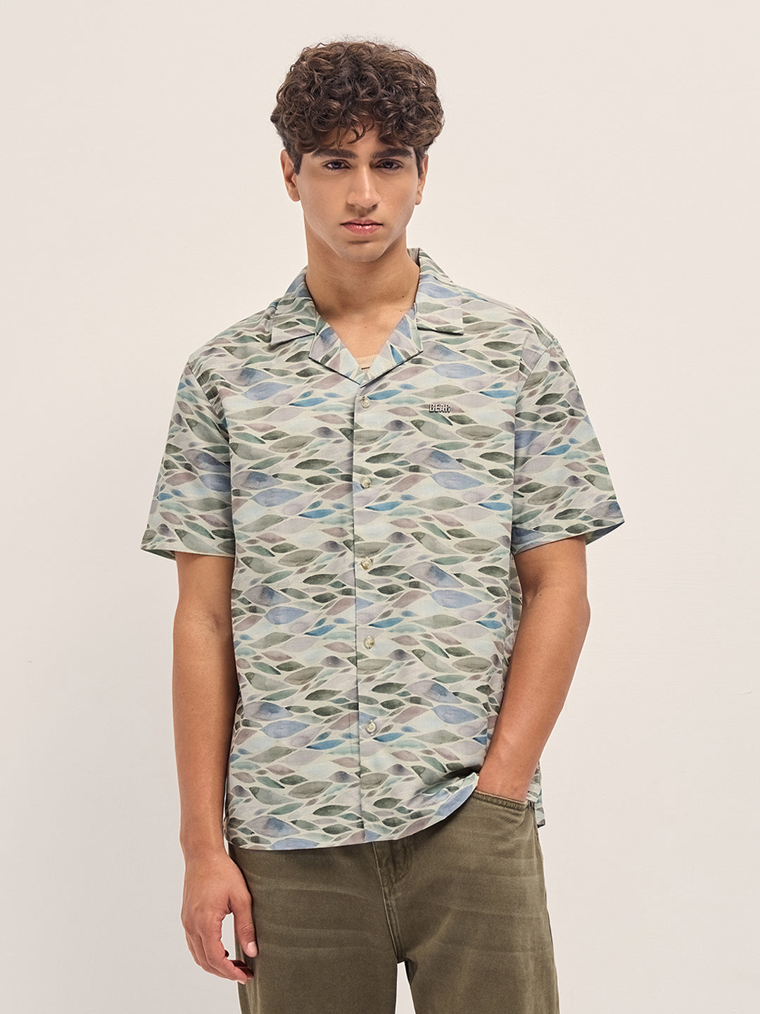 Multicolor Relaxed Fit Cuban Collar Shirt with Leaf Motif Print