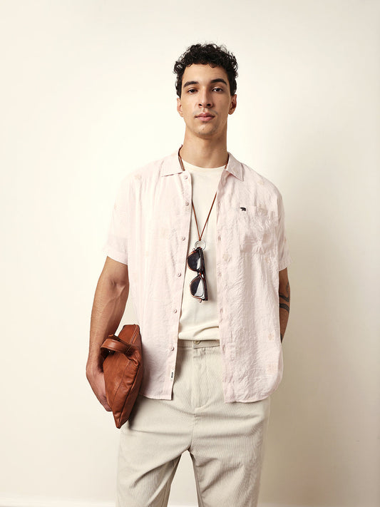 Light Pink Embroidered Motif Regular Fit Casual Shirt
