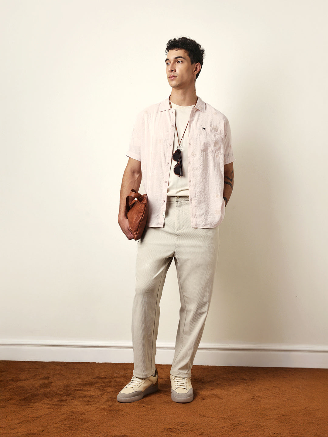Light Pink Embroidered Motif Regular Fit Casual Shirt