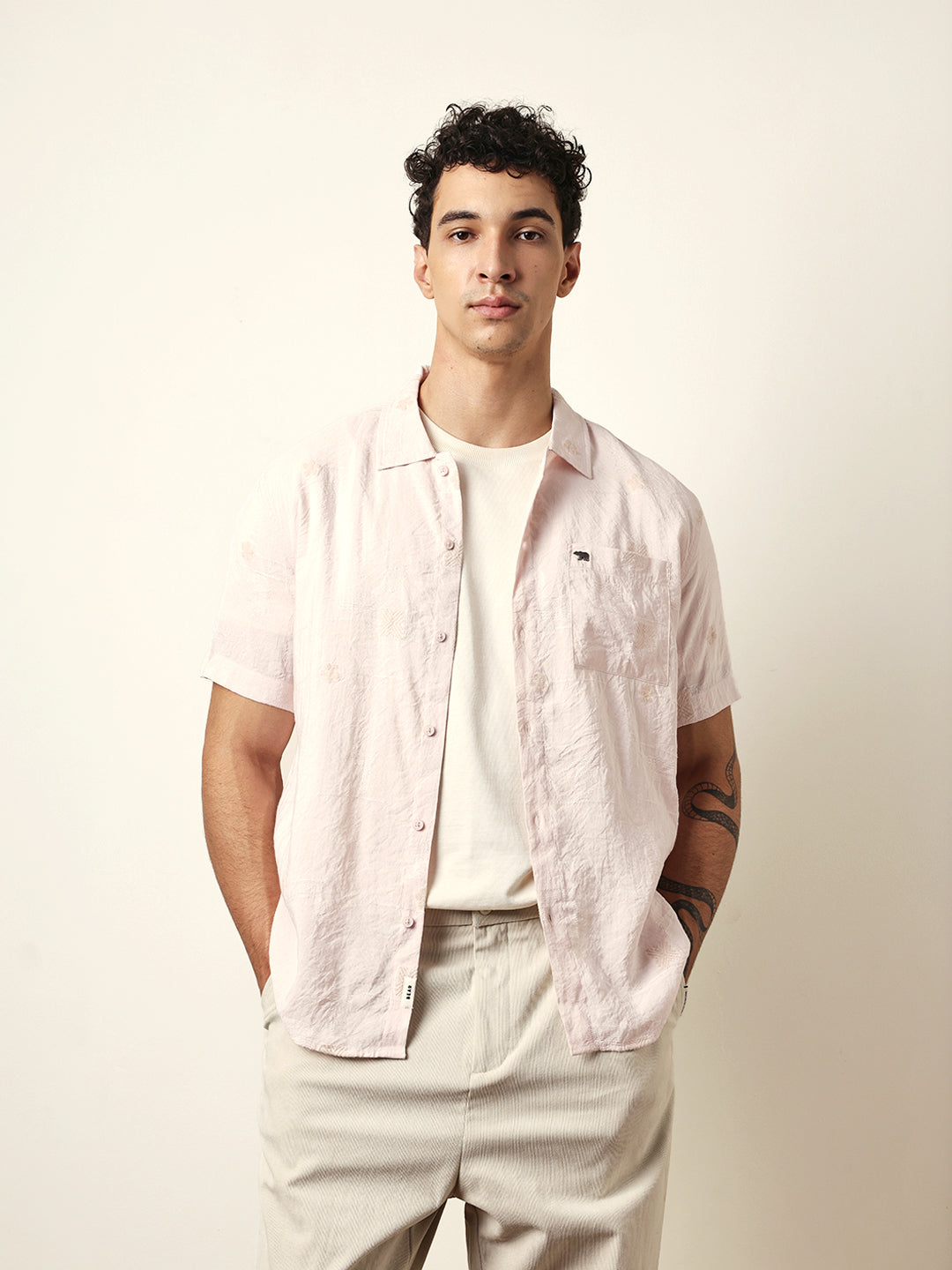 Light Pink Embroidered Motif Regular Fit Casual Shirt