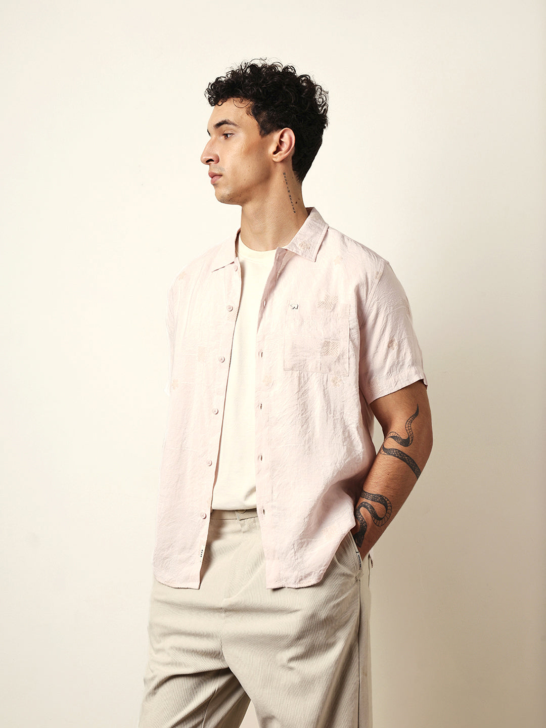 Light Pink Embroidered Motif Regular Fit Casual Shirt