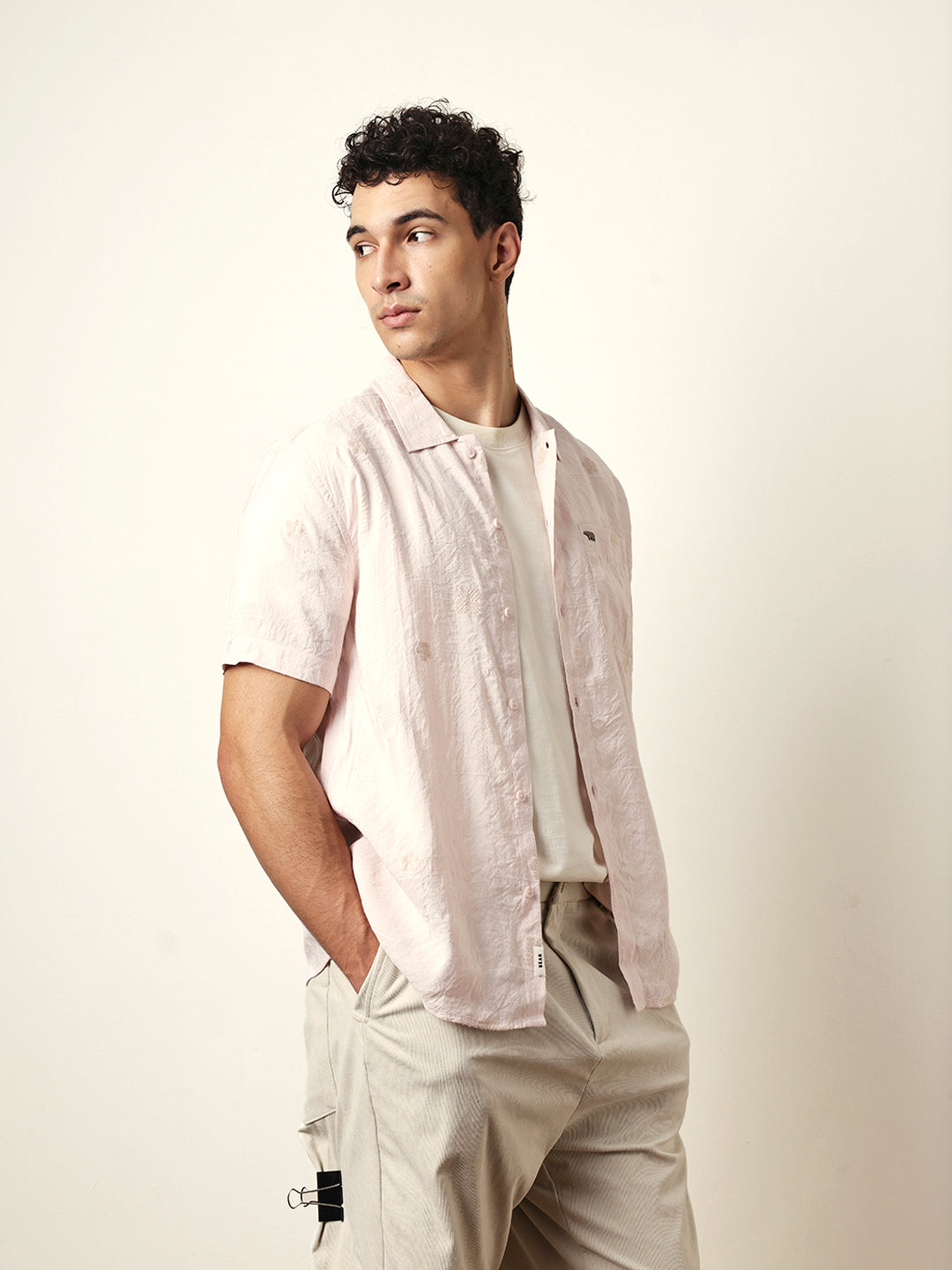 Light Pink Embroidered Motif Regular Fit Casual Shirt