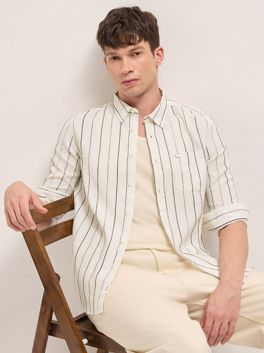 Cream Woven Vertical Stripes Slim Fit Casual Shirt