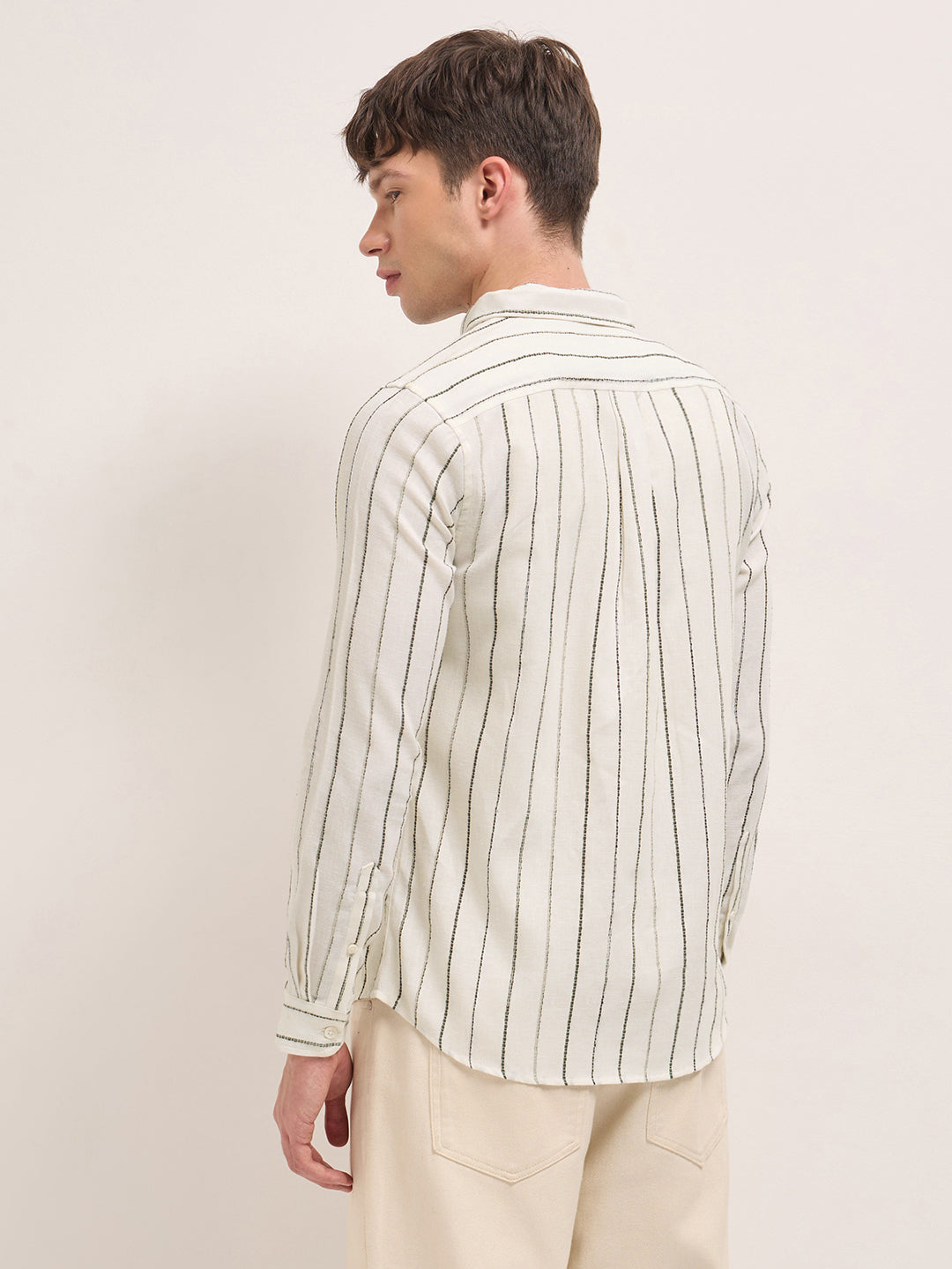 Cream Woven Vertical Stripes Slim Fit Casual Shirt