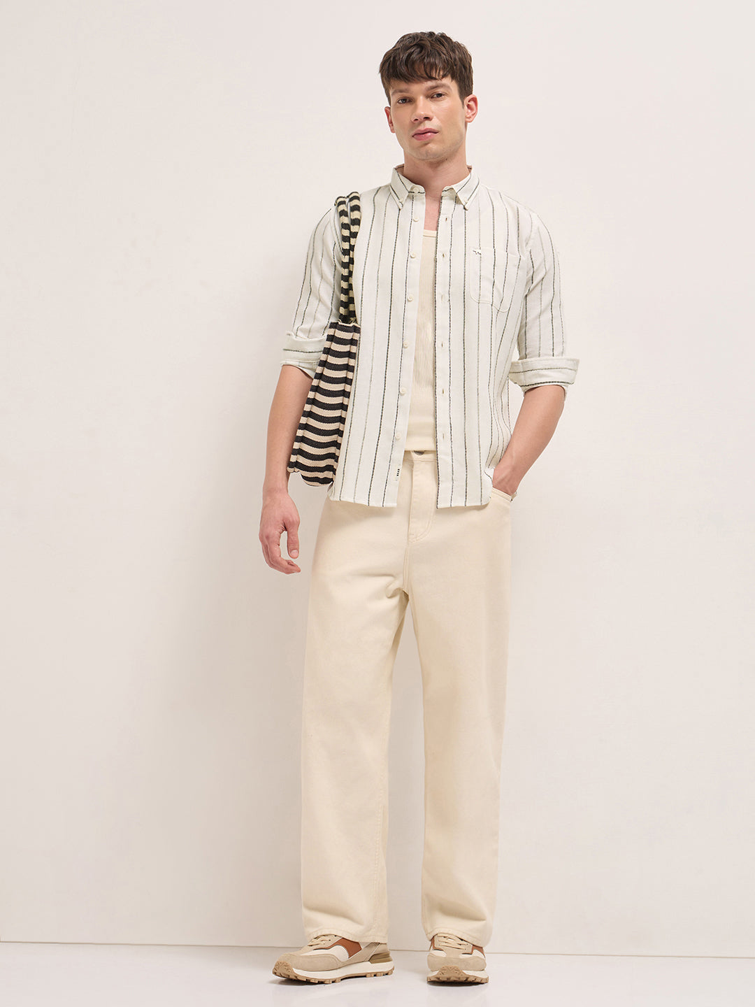 Cream Woven Vertical Stripes Slim Fit Casual Shirt