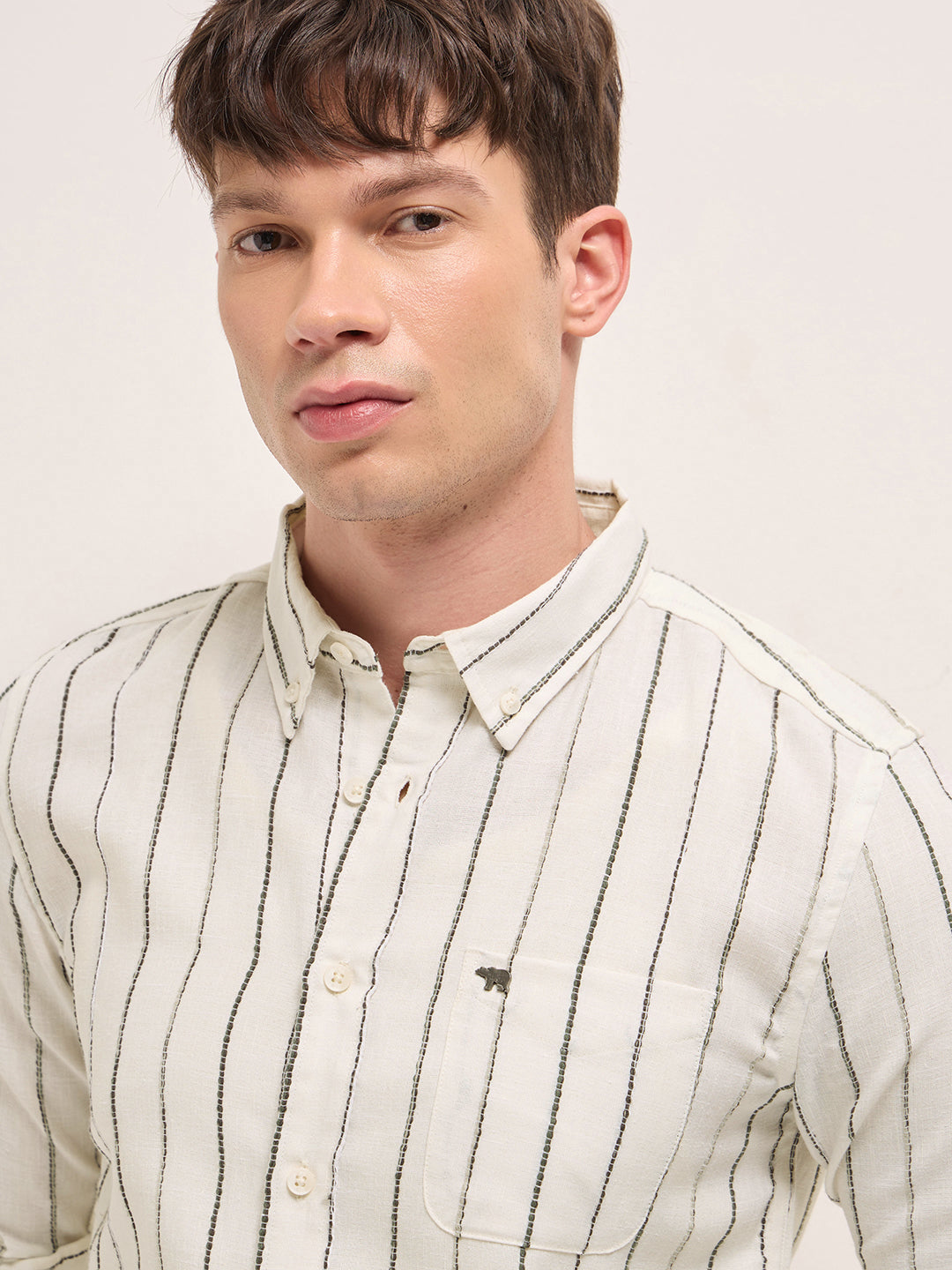 Cream Woven Vertical Stripes Slim Fit Casual Shirt