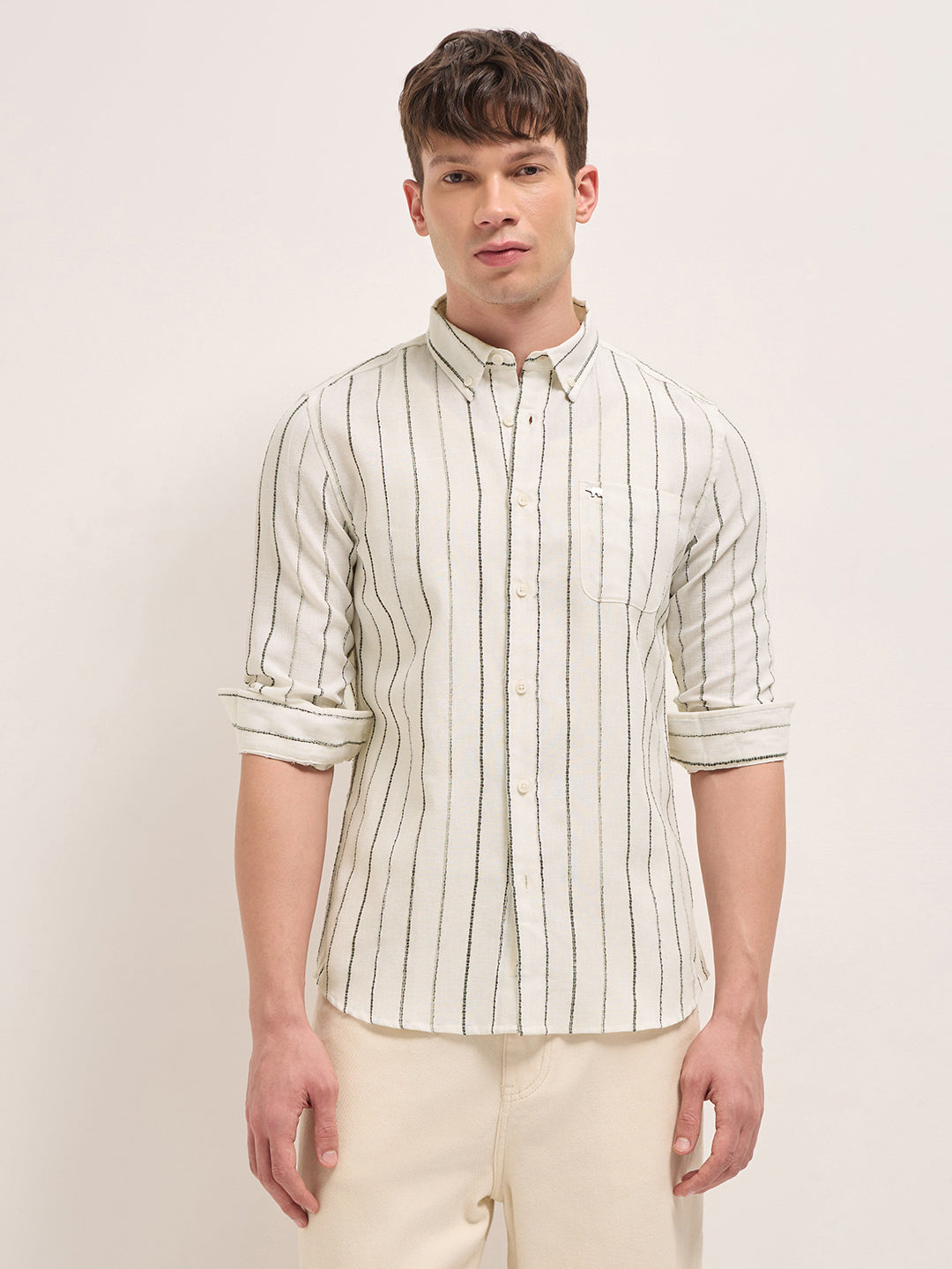 Cream Woven Vertical Stripes Slim Fit Casual Shirt
