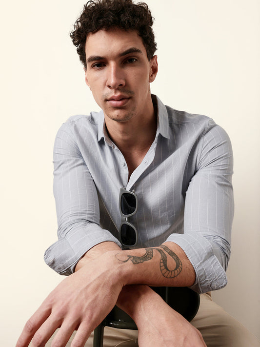 Light Grey Vertical Woven Stripe Slim Fit Casual Shirt