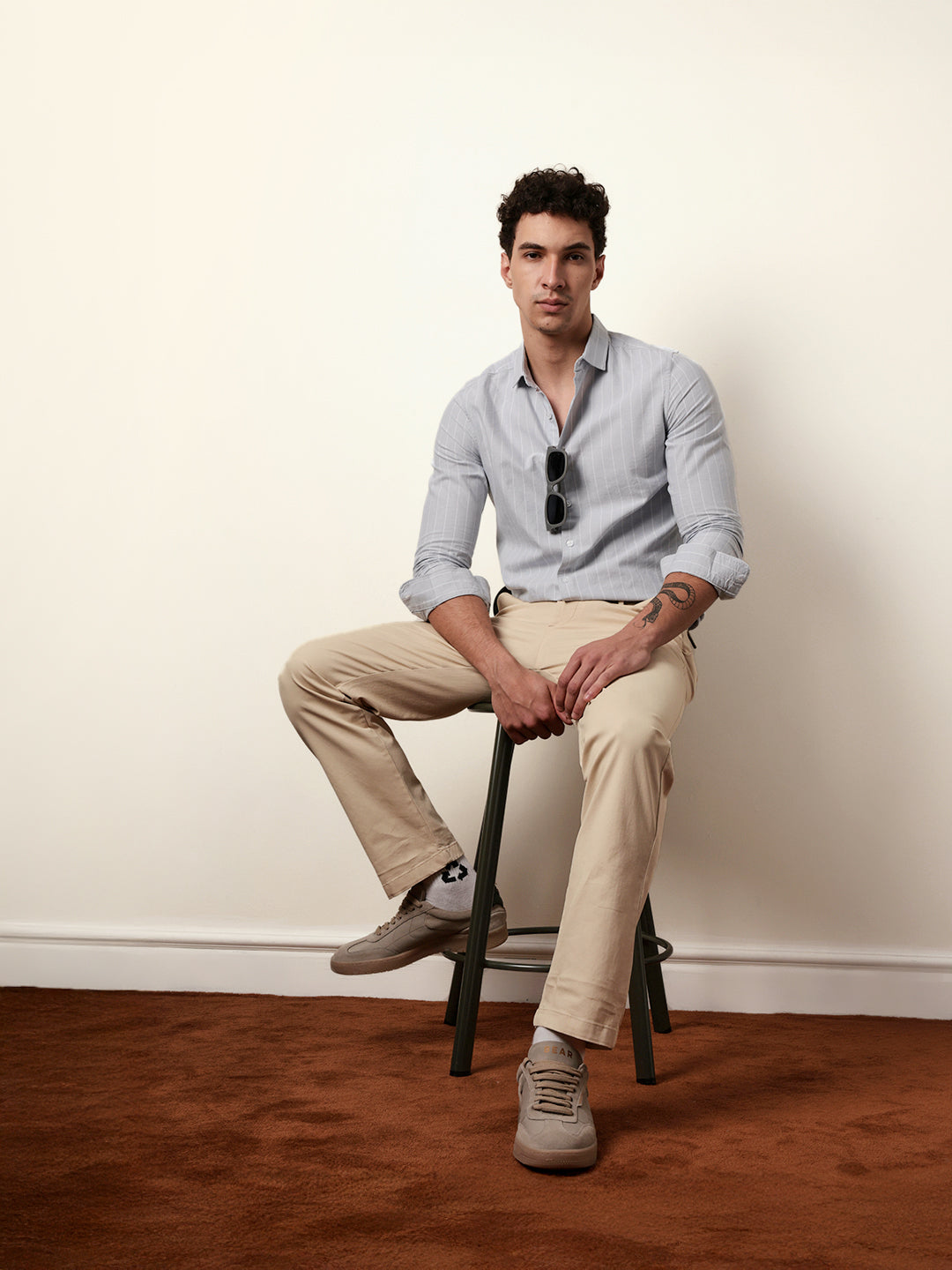 Light Grey Vertical Woven Stripe Slim Fit Casual Shirt