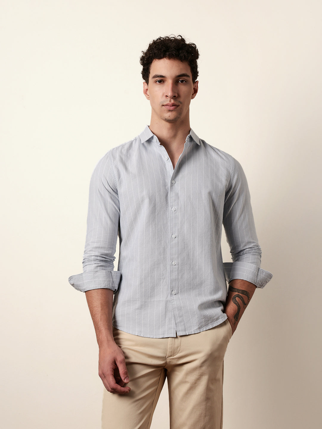 Light Grey Vertical Woven Stripe Slim Fit Casual Shirt