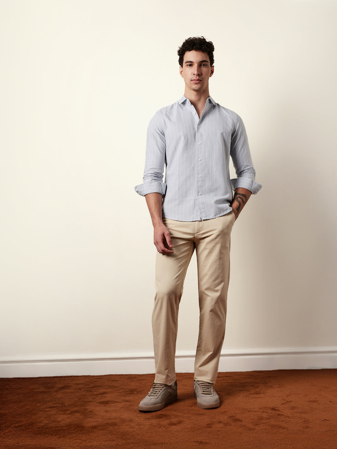 Light Grey Vertical Woven Stripe Slim Fit Casual Shirt