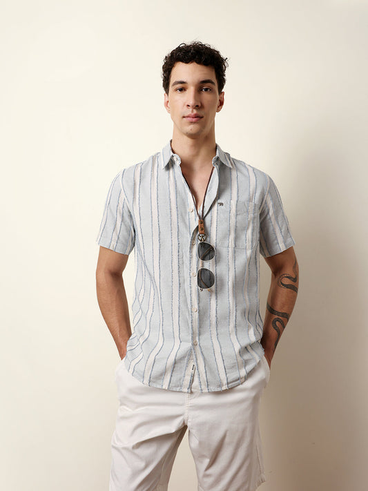 Blue & White Vertical Chenille Stripe Regular Fit Casual Shirt