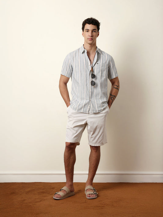 Blue & White Vertical Chenille Stripe Regular Fit Casual Shirt