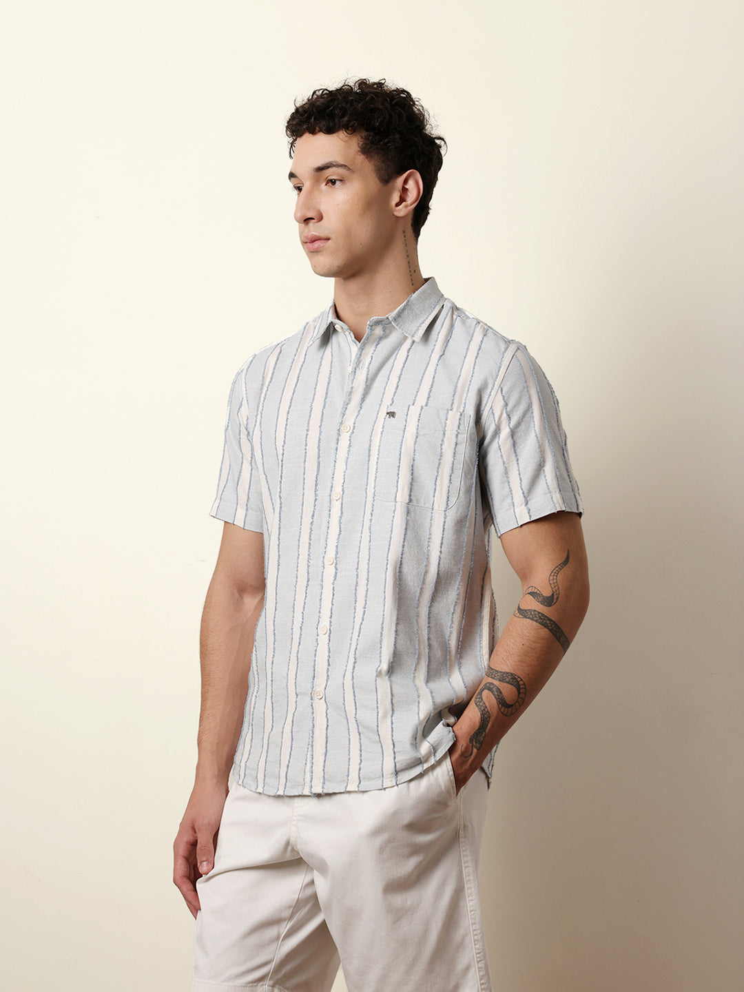 Blue & White Vertical Chenille Stripe Regular Fit Casual Shirt