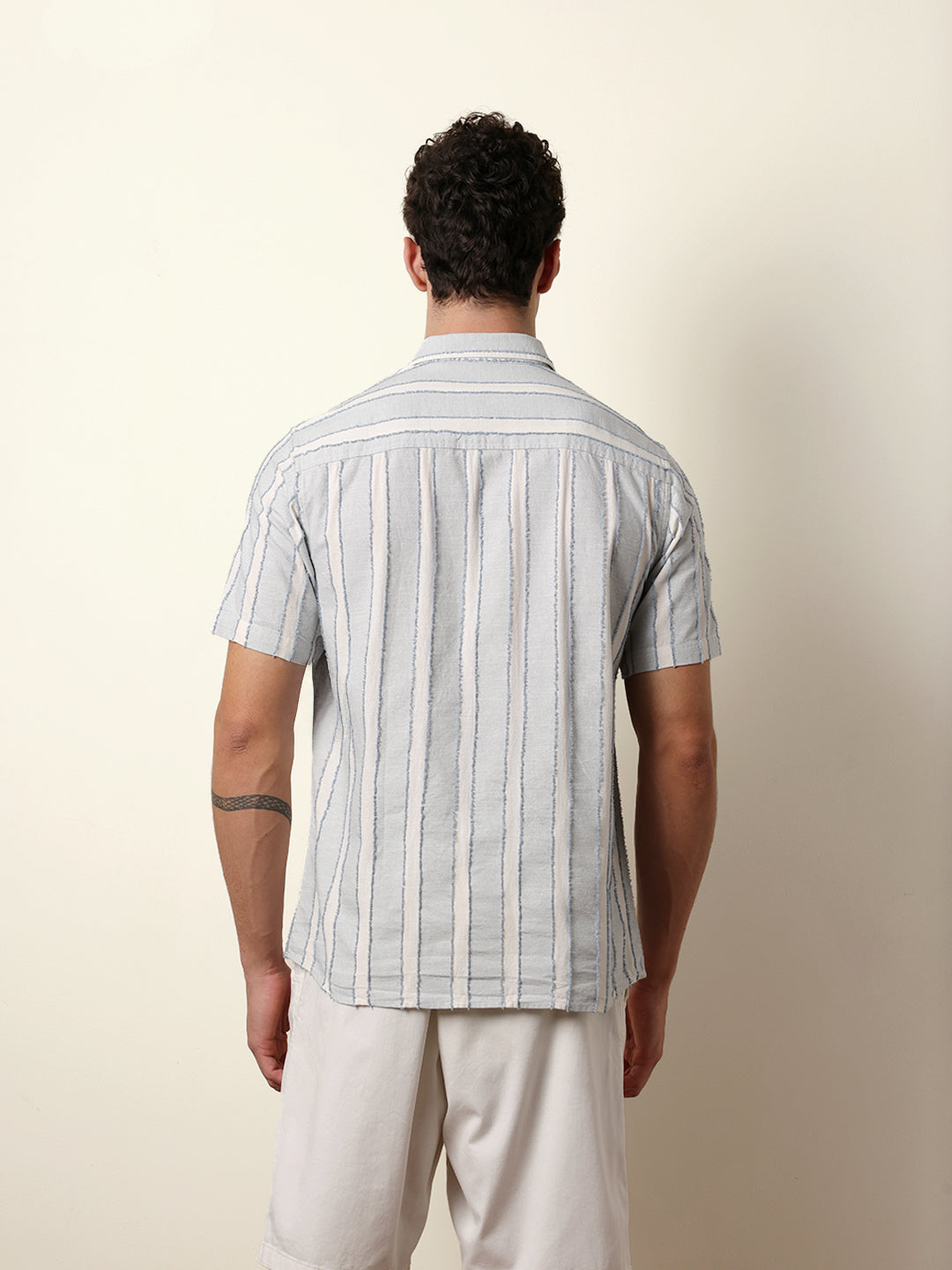 Blue & White Vertical Chenille Stripe Regular Fit Casual Shirt