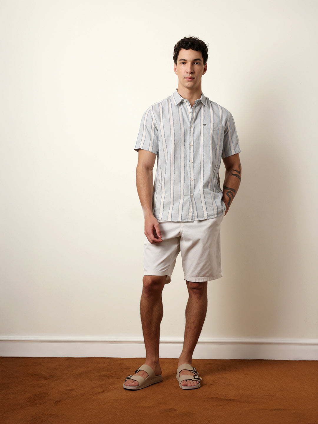 Blue & White Vertical Chenille Stripe Regular Fit Casual Shirt