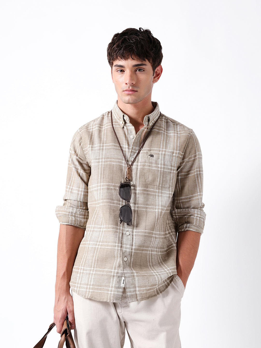 Light Brown Slim Fit Plaid Check Woven Casual Shirt