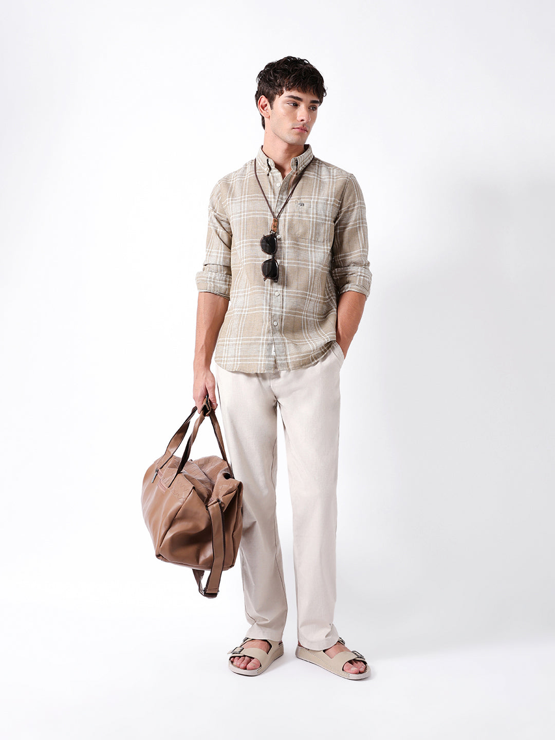 Light Brown Slim Fit Plaid Check Woven Casual Shirt