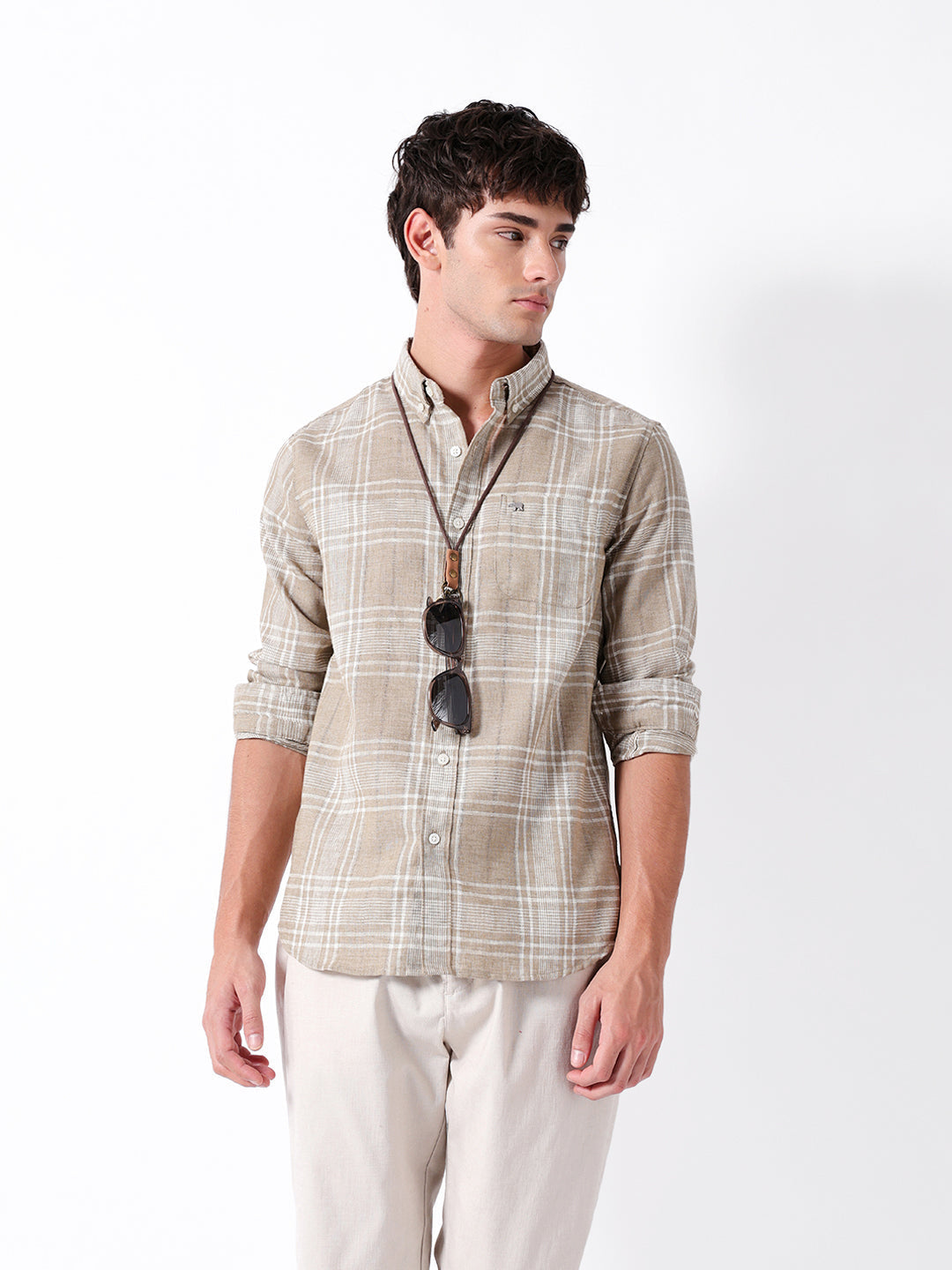 Light Brown Slim Fit Plaid Check Woven Casual Shirt