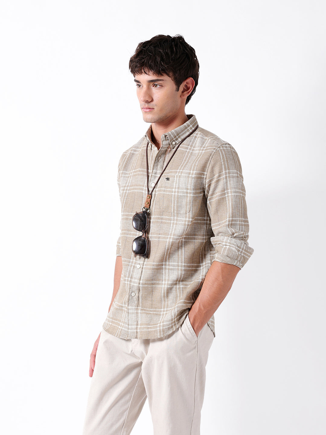 Light Brown Slim Fit Plaid Check Woven Casual Shirt