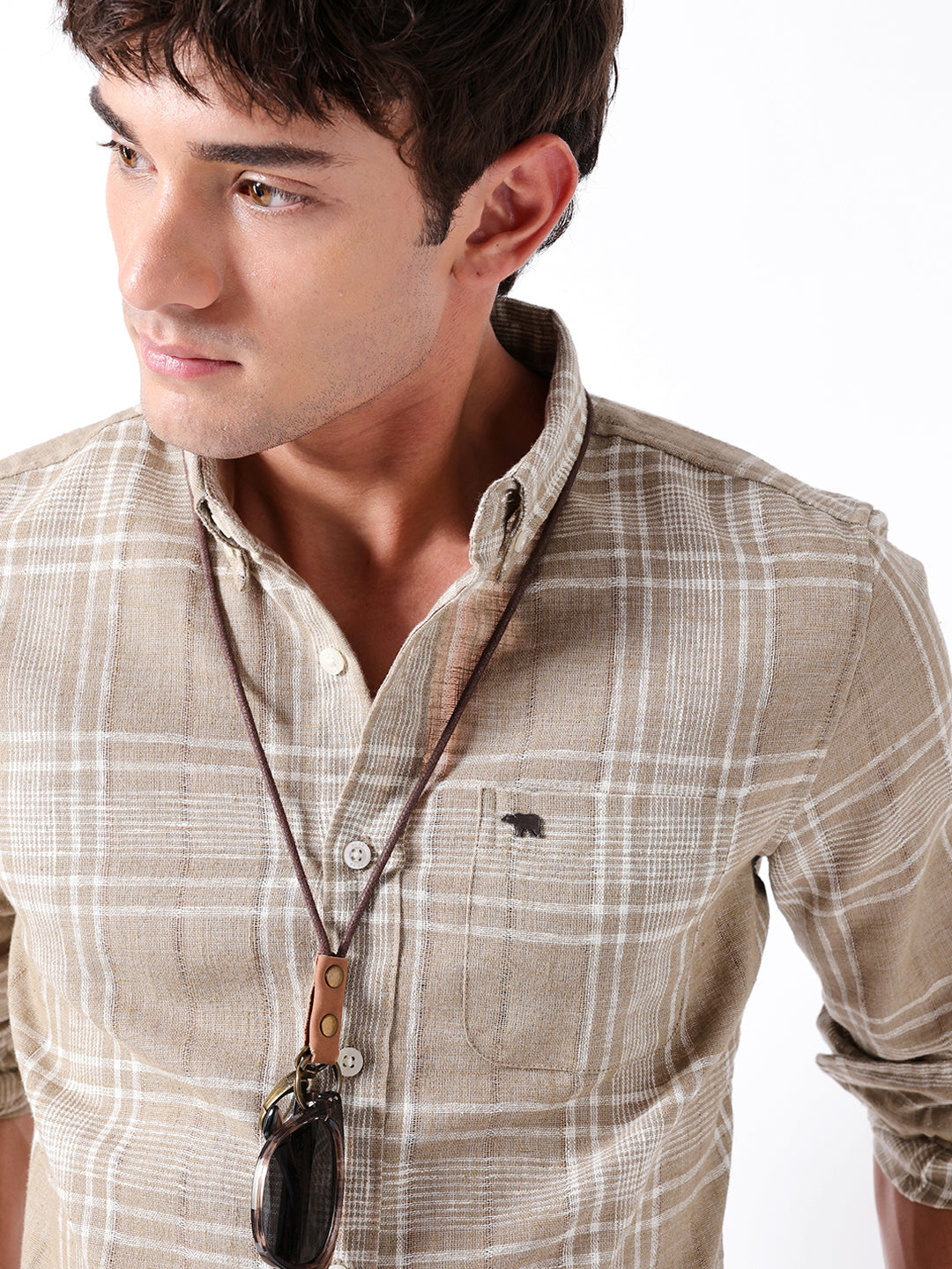 Light Brown Slim Fit Plaid Check Woven Casual Shirt