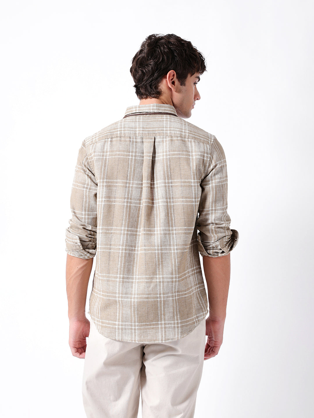 Light Brown Slim Fit Plaid Check Woven Casual Shirt