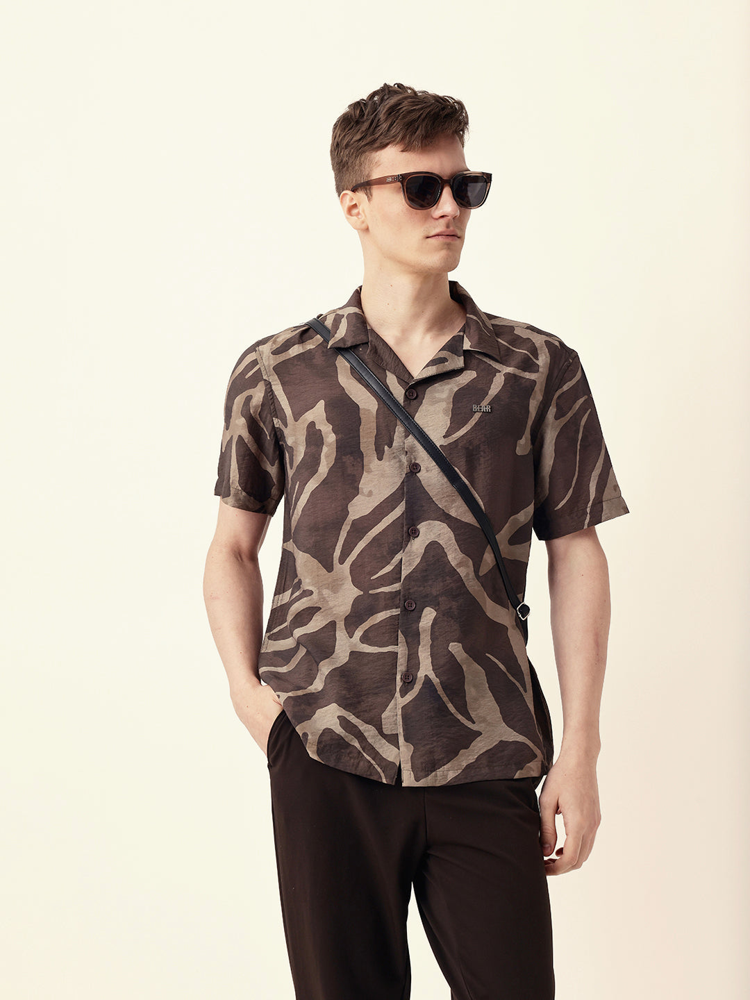 Brown with Beige Relaxed Fit Abstract Stroke Print Half Sleeve Casual Shirt