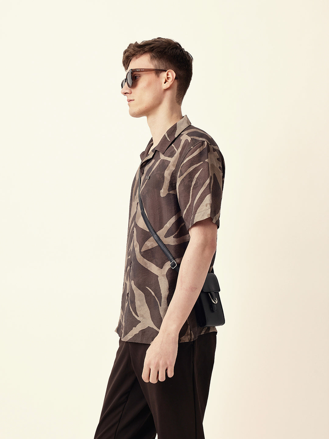 Brown with Beige Relaxed Fit Abstract Stroke Print Half Sleeve Casual Shirt