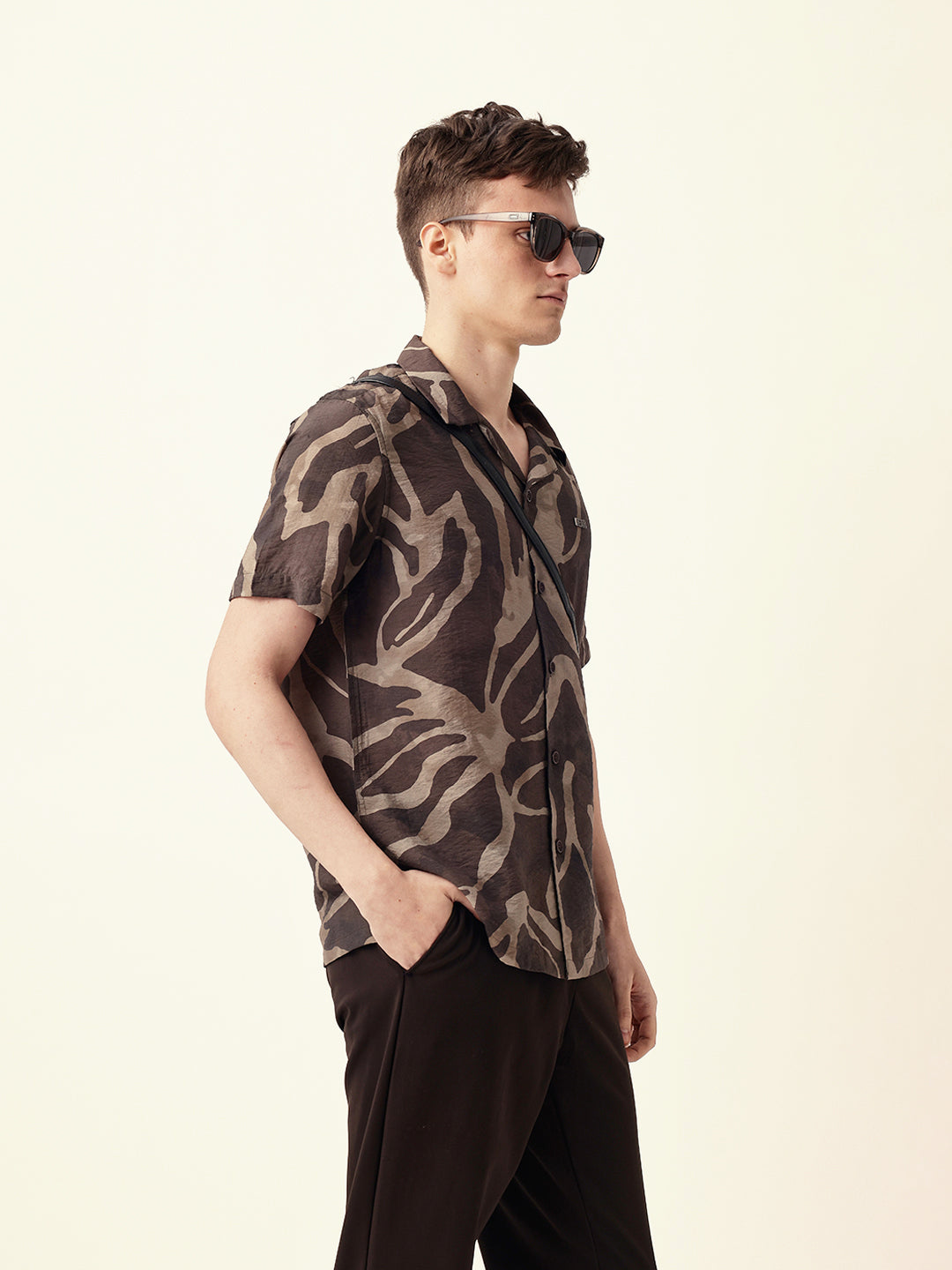 Brown with Beige Relaxed Fit Abstract Stroke Print Half Sleeve Casual Shirt