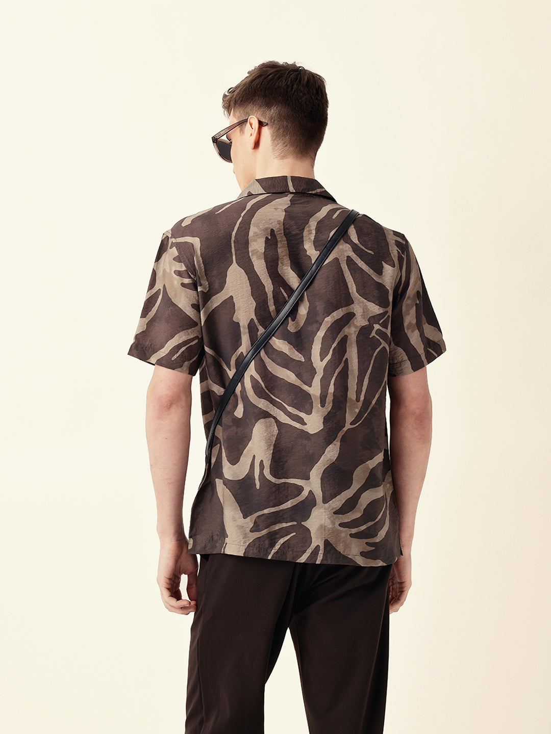 Brown with Beige Relaxed Fit Abstract Stroke Print Half Sleeve Casual Shirt
