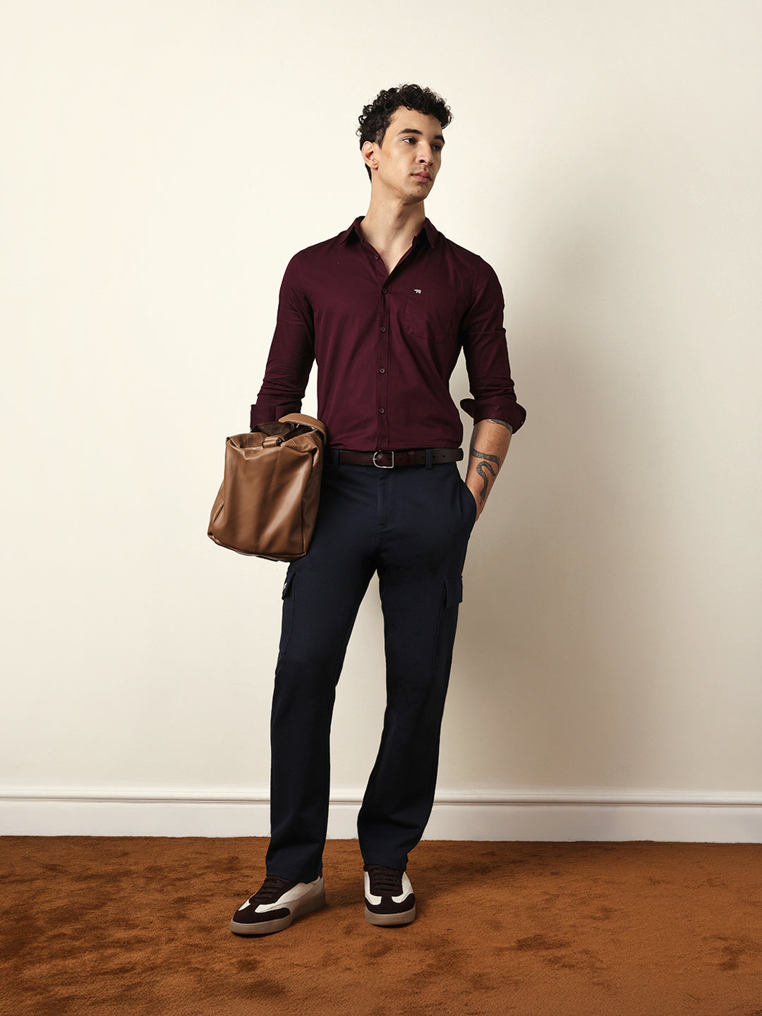 Maroon Solid Slim-Fit Casual Shirt with Button-Down Collar