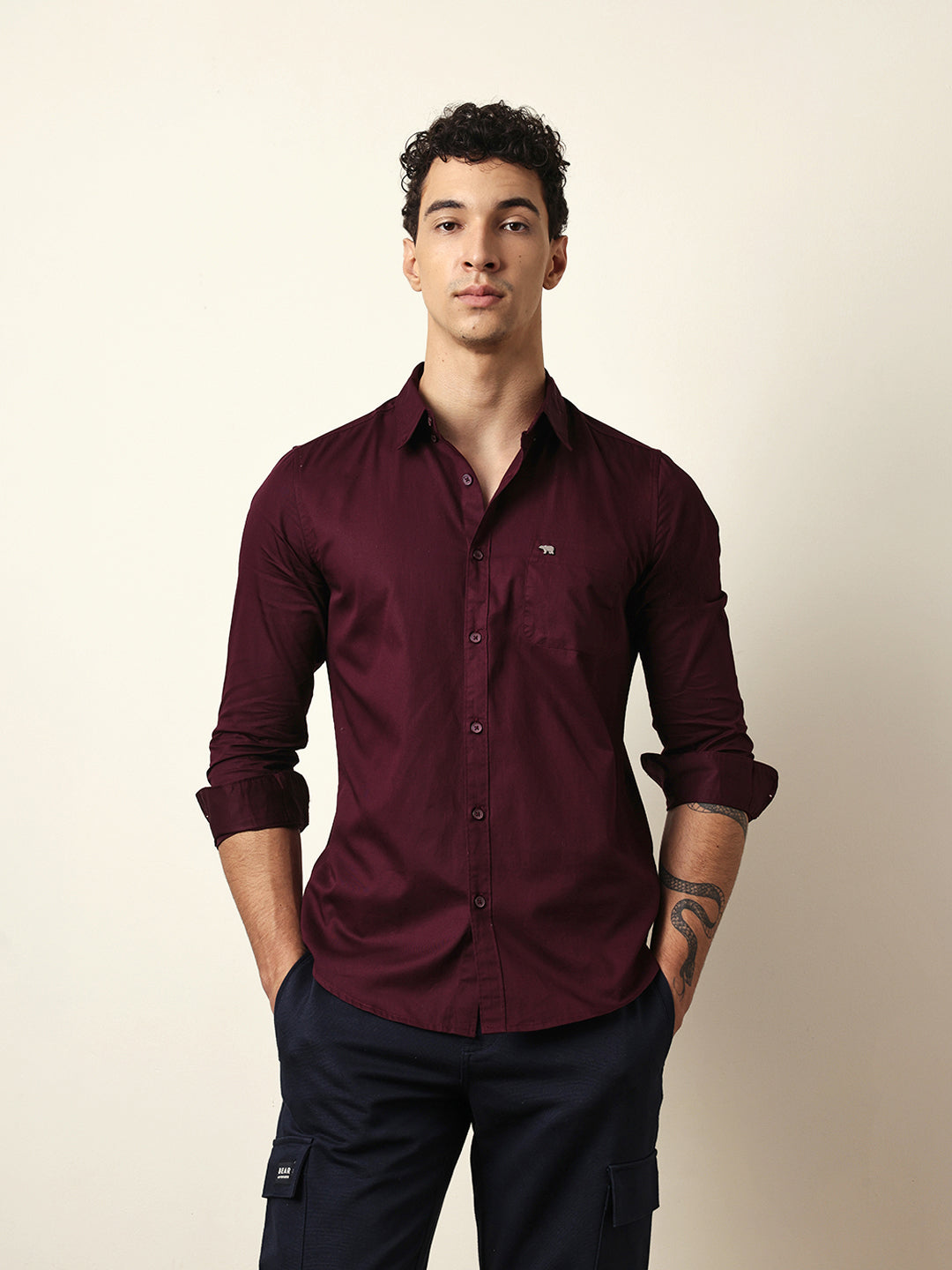 Maroon Solid Slim-Fit Casual Shirt with Button-Down Collar