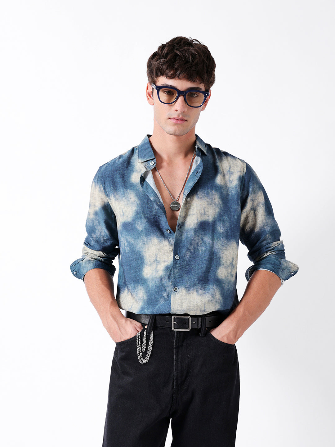 Blue Tie-Dye Print Slim Fit Casual Shirt