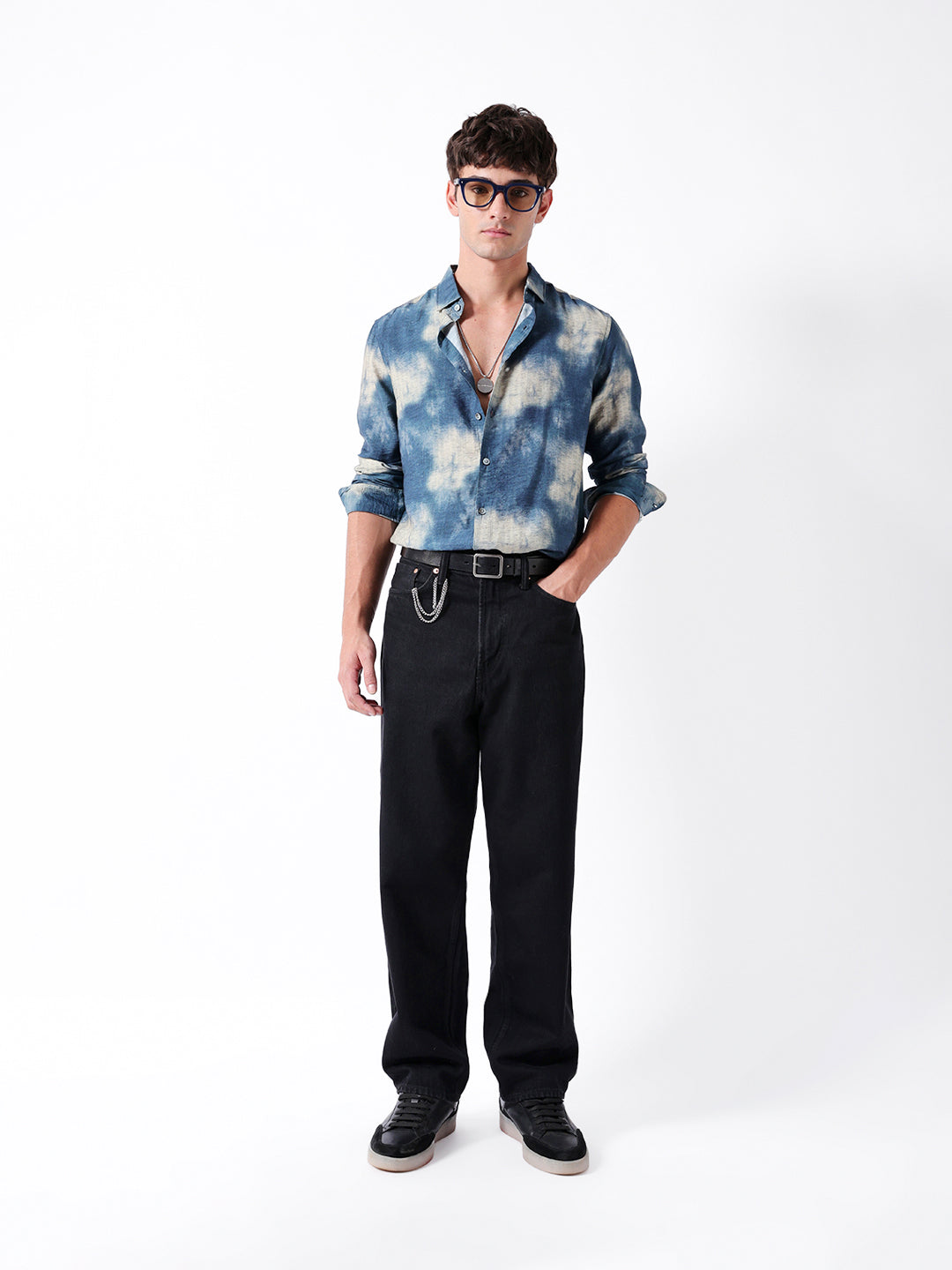 Blue Tie-Dye Print Slim Fit Casual Shirt