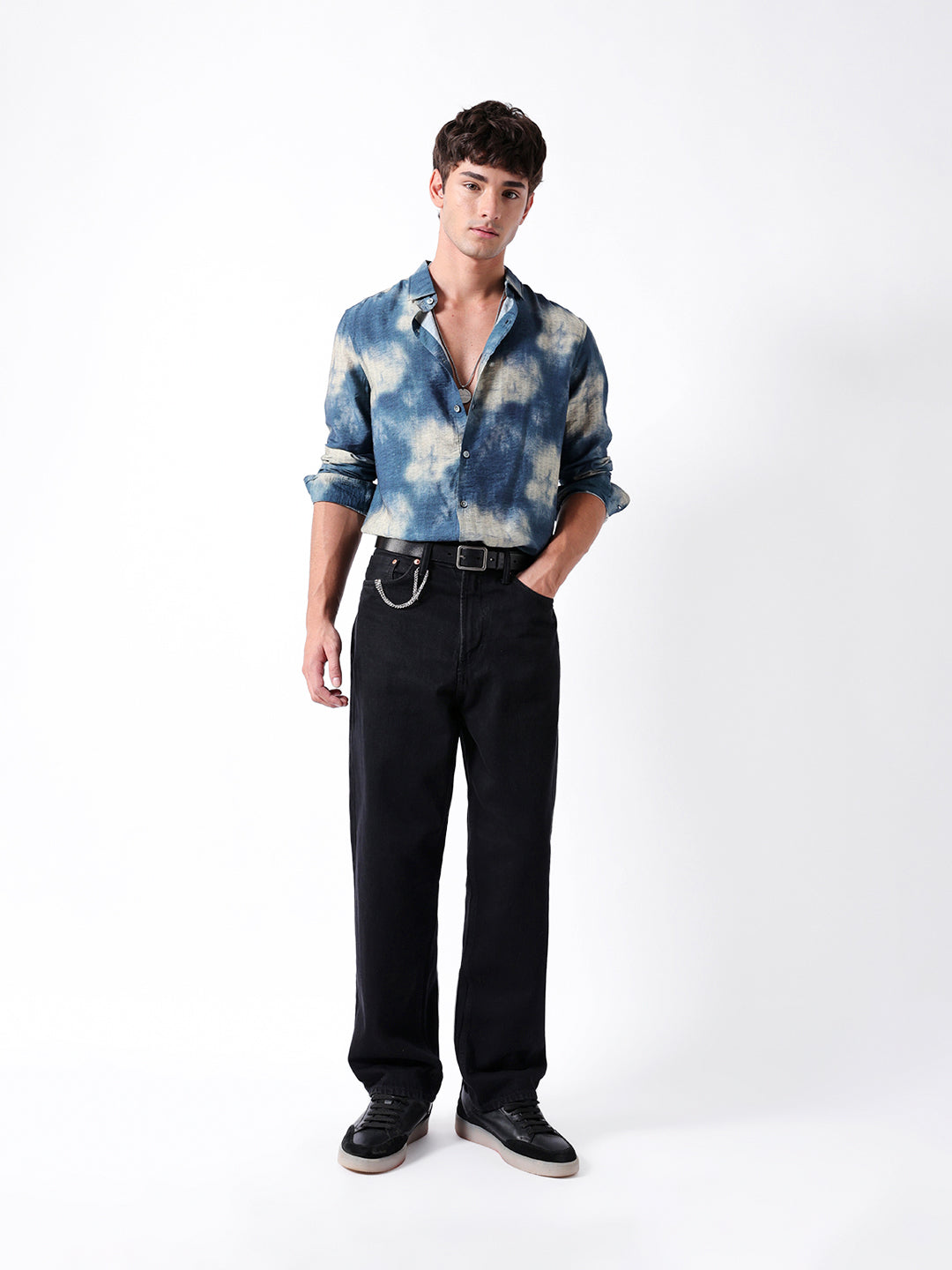 Blue Tie-Dye Print Slim Fit Casual Shirt
