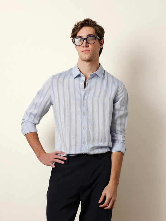 Light Blue Slim Fit Casual Shirt with Woven Semi-Transparent Vertical Stripes