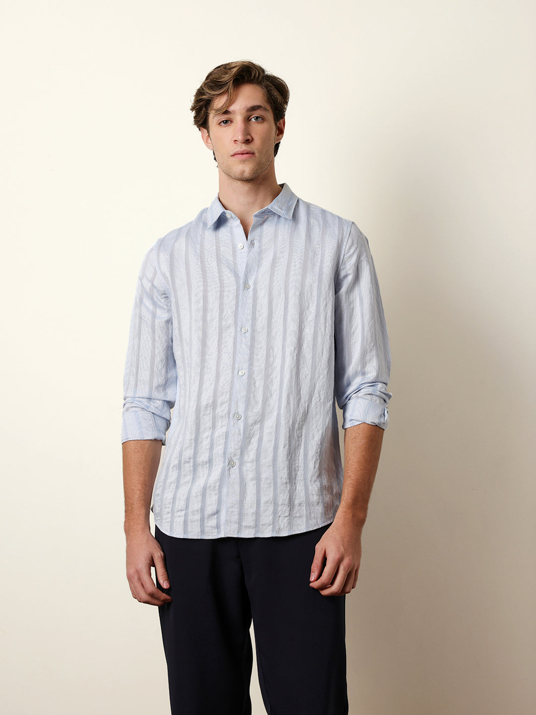 Light Blue Slim Fit Casual Shirt with Woven Semi-Transparent Vertical Stripes